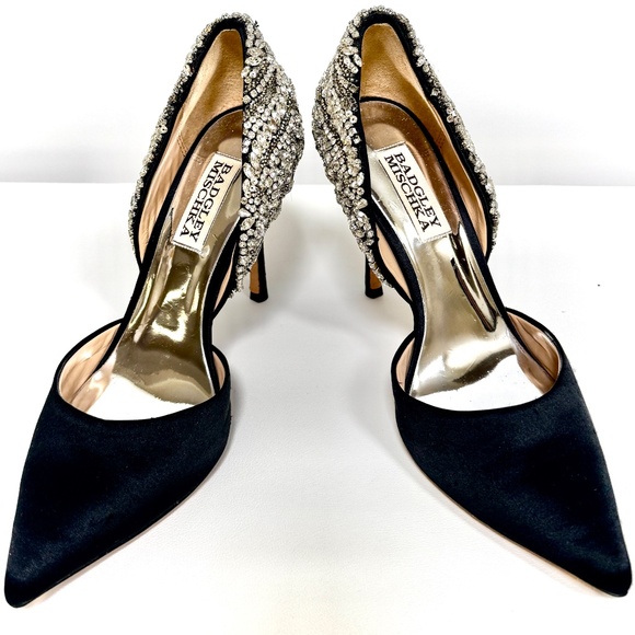 Badgley Mischka Volare Black Satin Crystal Embellished Stiletto Heels US5.5 - Picture 11 of 13